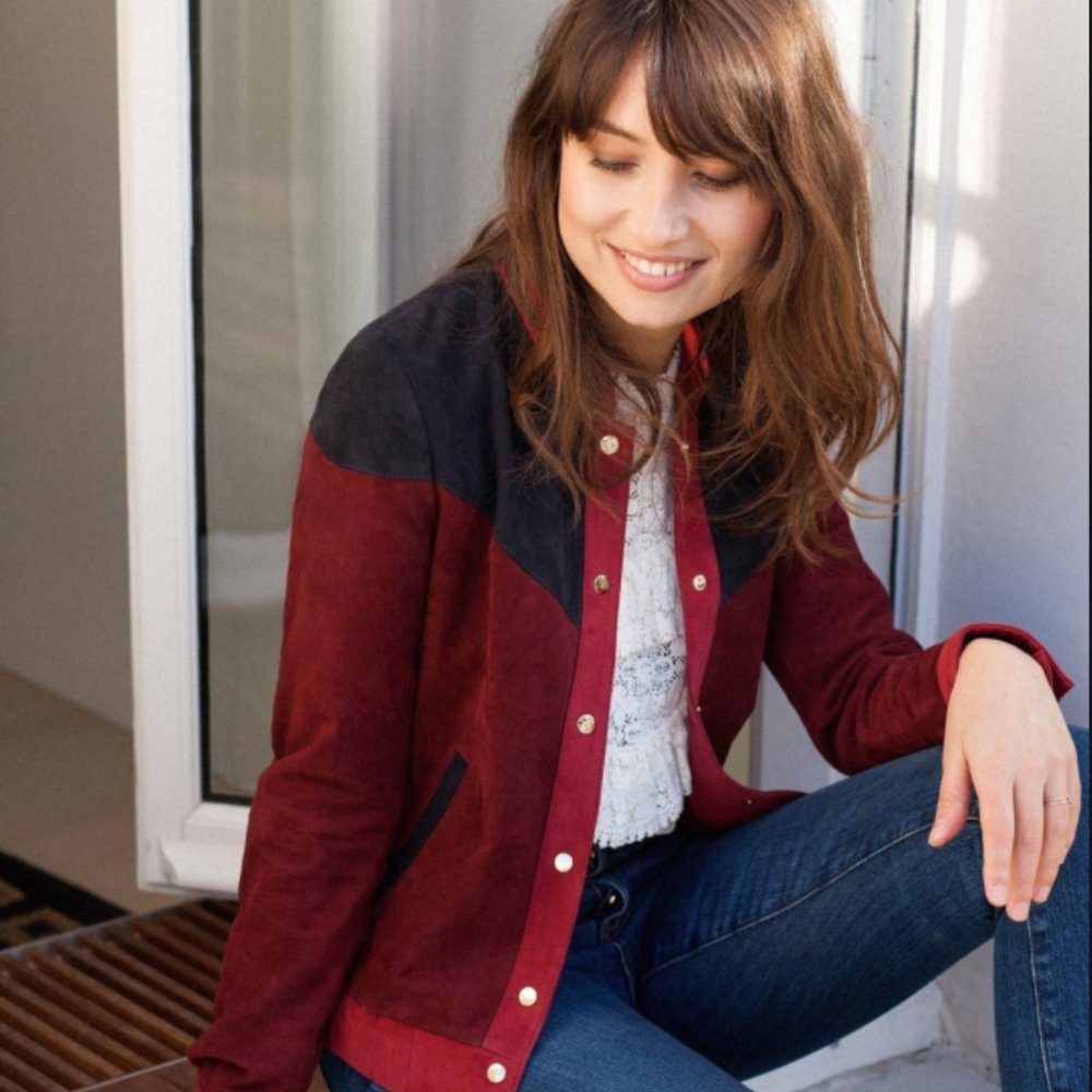 Sézane Yana Jacket (Navy Burgundy Suede)